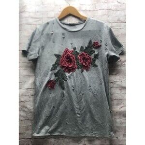Local Lab T- Shirt L Rose Embroidered Factory Destroyed Holes Gray Lagenlook